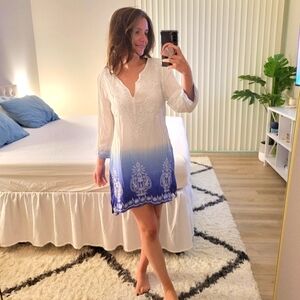 White and Blue Embroidered Cover Up Dress